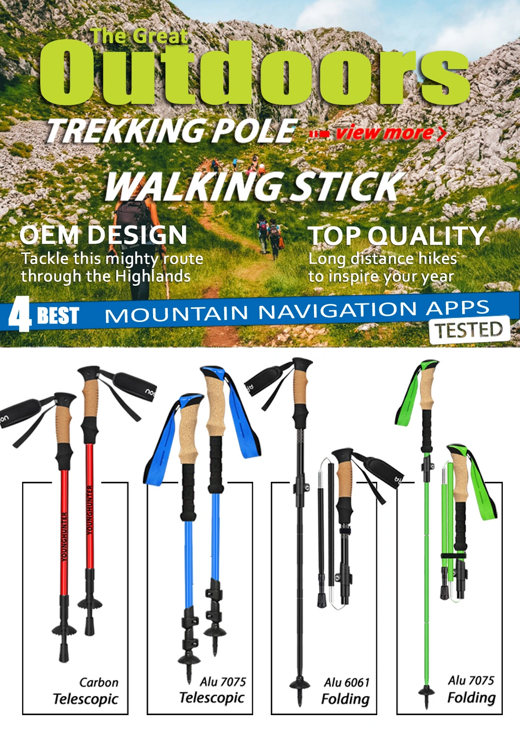 Cork Grip Portable Carbon Fiber Quick Lock Anti-Shock Telescopic Hiking Walking Sticks Trekking Poles